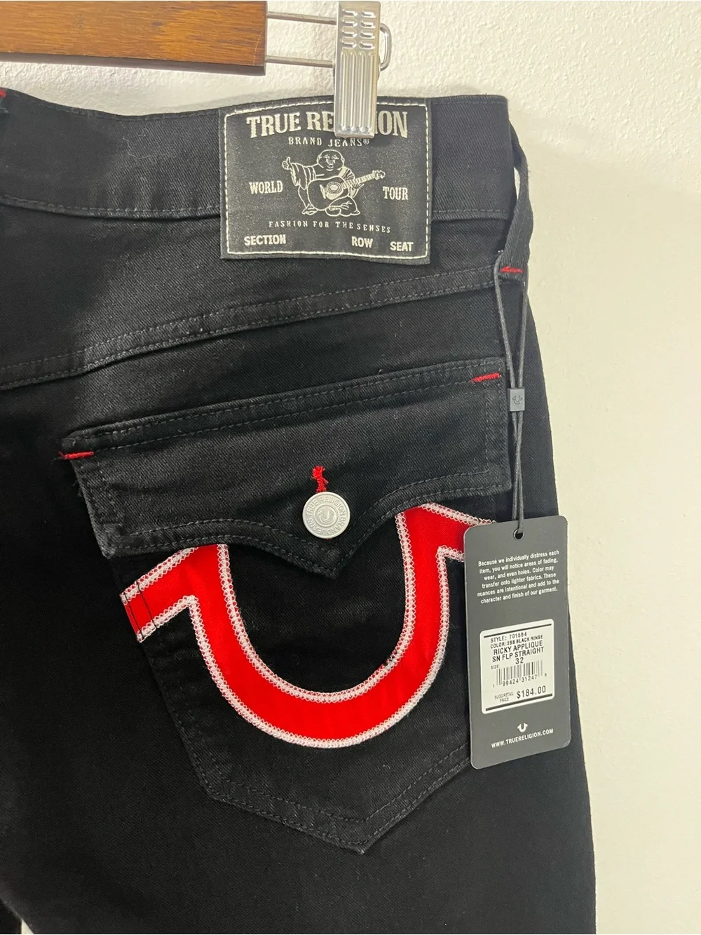 True Religion Ricky Applique SN Flap Straight “2SB Black Rinse” 32x30 #701564